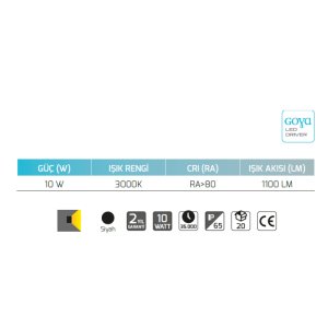 Goya 10W 3000K Sarı Ledli Siyah Duvar Apliği GY 6226