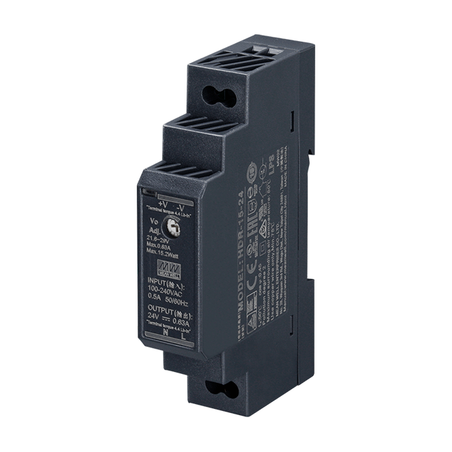 MEANWELL- HDR-015-24 24Vdc 0.63Amp DIN Rail StepShape