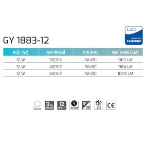 Goya 12W 4000K Natural Beyaz Sıva Üstü Led Panel Armatür  GY 1883-12