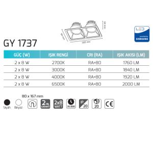 Goya 2x8W 4000K Natural Beyaz Sıva Altı Cob Led Armatür GY 1737