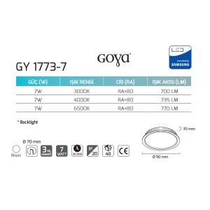 Goya Dimlenebilir 7W 3000K Sarı Işık Backlight Sıva Altı Led Panel Armatür  GY 1773 7S Dim
