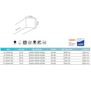 Goya 74W 180cm Sıva Üstü Lineer0 Armatür GY 8045-180